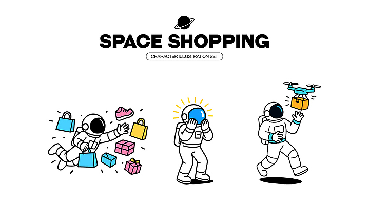 캐릭터 패션 컬러 일러스트 모션 상상 선물 쇼핑 우주 상점 공간 도전 우주비행사 구매 우주선 즐거움 우주복 우주여행 드론 일러캐릭터 AI파일 옷 감정 여행 파일형식 벡터
