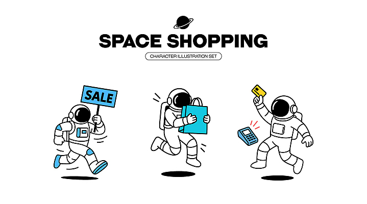 캐릭터 일러스트 모션 쇼핑 달리기 세일 우주 상점 기쁨 탐험 우주비행사 소비 구매 즐거움 오브젝트 상업 우주복 우주여행 일러캐릭터 AI파일 옷 감정 여행 파일형식 벡터