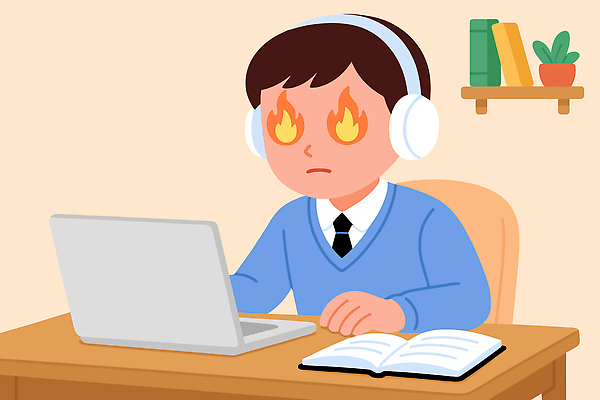 학생 교육 일러스트 교재 노트북 전자제품 학습 사무실 헤드폰 방 수능 작업 집중 책상 문서 수험생 긴장 시간관리 시험준비 온라인강의 창의력 국내일러스트 AI파일 감정 음향기기 가구 컨셉 비즈니스 고등학생 시험 강의 준비 파일형식 벡터 언택트