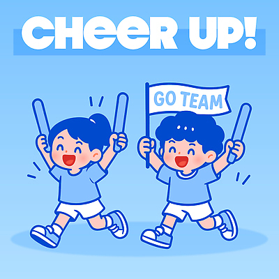 캐릭터 행복 어린이 스포츠 일러스트 응원 모션 협력 파란색 친구 달리기 유치원 깃발 그룹 목표 즐거움 열정 소통 응원봉 국내일러스트 AI파일 교육 감정 컬러 컨셉 관계 사람 파일형식 벡터