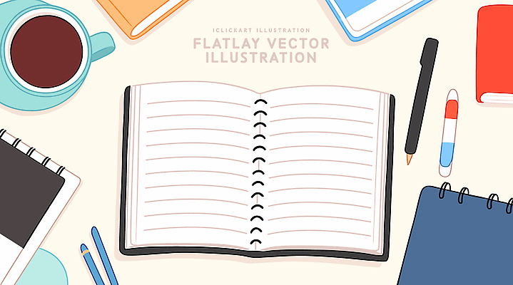 디자인 커피 예술 컬러 일러스트 탁자 문구용품 일상 파란색 학습 사무실 필기구 공책 기록 작업 책상 정리 창의력 국내일러스트 AI파일 교육 음료 가구 비즈니스 라이프 오브젝트 파일형식 벡터