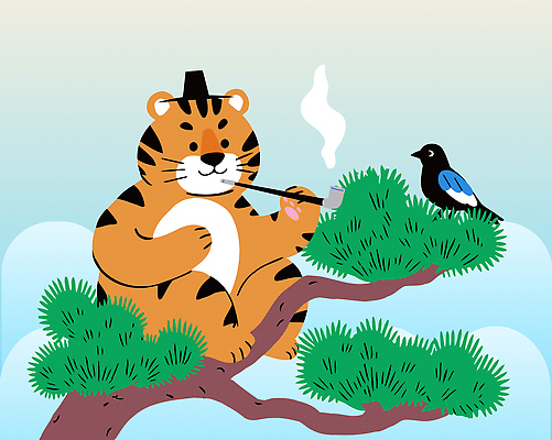 나무 동물 캐릭터 호수 일러스트 자연 조류 생명 담배 친구 평화 우정 만남 호랑이 분위기 숲 편안함 상상력 국내일러스트 AI파일 식물 컨셉 포유류 관계 감각 생태계 파일형식 벡터