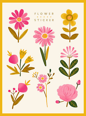 PSD 식물 무료이미지 디자인 꽃 분홍색 컬러 백그라운드 스티커 패턴 일러스트 수채화 그래픽 장식 노란색 다양 그림 뷰티풀 아기자기 국내일러스트 다수 컨셉 무늬 파일형식