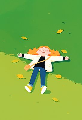 JPG 행복 여유 일러스트 자연 휴식 나뭇잎 웃음 소녀 잔디 초원 가을 선탠 편안함 시원함 장면 오후 국내일러스트 AI일러스트 AI콘텐츠 식물 계절 여자 감정 어린이 컨셉 잎 표정 감각 생태계 파일형식