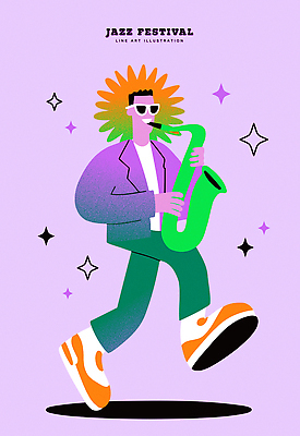 캐릭터 헤어스타일 남자 문화 음악 컬러 연주 일러스트 그래픽 선글라스 걷기 보라색 축제 공연 분위기 색소폰 그림 재즈 댄디 국내일러스트 AI파일 안경 컨셉 모션 문화예술 사람 이벤트 목관악기 파일형식 벡터