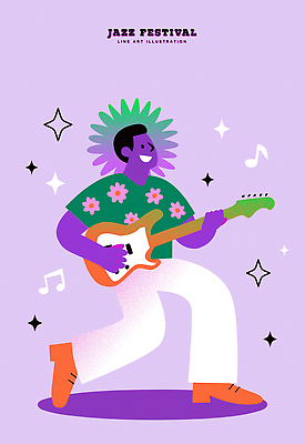 캐릭터 디자인 행복 문화 예술 음악 꽃무늬 일러스트 나선형 보라색 축제 공연 기타 표현 춤 즐거움 재즈 리듬 창의성 국내일러스트 AI파일 꽃 감정 컬러 무늬 현악기 문화예술 이벤트 파일형식 벡터