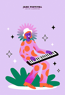 캐릭터 꽃 별 음악 컬러 백그라운드 연주 패턴 일러스트 사람 축제 공연 키보드 화려 분위기 즐거움 그림 재즈 창의성 국내일러스트 AI파일 자연요소 식물 감정 컨셉 무늬 문화예술 이벤트 파일형식 벡터