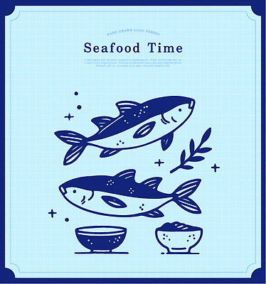 접시 디자인 예술 음식 바다 일러스트 자연 건강 어류 요리 장식 식사 해산물 즐거움 파란배경 생동감 국내일러스트 AI파일 식기 감정 백그라운드 파란색 수중동물 생태계 파일형식 벡터