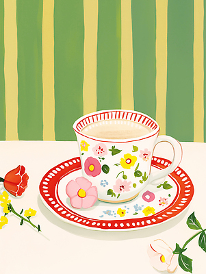 JPG 식물 접시 디자인 꽃 음료 예술 컬러 꽃무늬 일러스트 자연 탁자 잔 일상 장식 컵 식사 찻잔 그림 화사함 뷰티풀 정물화 국내일러스트 AI일러스트 AI콘텐츠 식기 가구 컨셉 무늬 라이프 생태계 파일형식