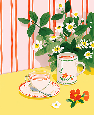 JPG 디자인 꽃 여유 예술 일러스트 자연 탁자 아침 일상 컵 평화 주방 정원 식사 분위기 차 편안함 준비 화사함 드로잉 국내일러스트 AI일러스트 AI콘텐츠 주간 식물 식기 감정 음료 가구 컨셉 미술 라이프 감각 생태계 파일형식