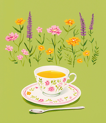 JPG 식물 디자인 꽃 여유 음료 꽃밭 꽃무늬 일러스트 자연 티타임 풍경 일상 컵 초록색 식사 차 뷰티풀 색감 오후 국내일러스트 AI일러스트 AI콘텐츠 식기 감정 컬러 무늬 휴식 라이프 생태계 파일형식