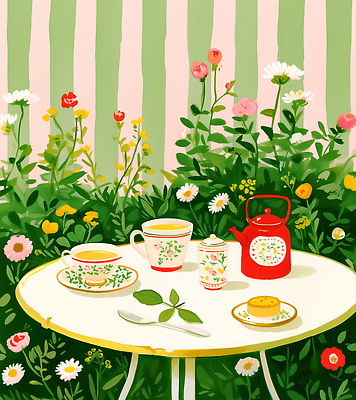 JPG 꽃 여유 분홍색 일러스트 자연 탁자 디저트 잔 따뜻함 초록색 정원 식사 도자기 차 찻주전자 고객 즐거움 초대 색감 오후 국내일러스트 AI일러스트 AI콘텐츠 식물 식기 감정 음료 음식 컬러 가구 주전자 생태계 파일형식