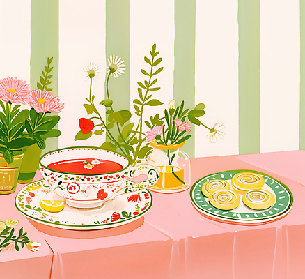 JPG 식물 꽃 분홍색 일러스트 자연 식탁 주전자 티타임 휴식 디저트 일상 컵 인테리어 방 분위기 고급 차 향기 오후 국내일러스트 AI일러스트 AI콘텐츠 식기 디자인 음료 음식 컬러 컨셉 탁자 주방용품 라이프 생태계 냄새 파일형식