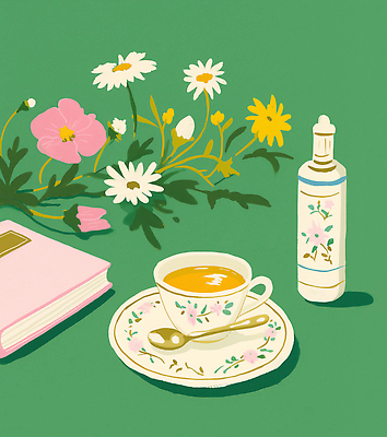 JPG 식물 꽃 여유 커피 분홍색 일러스트 자연 일상 장식 초록색 차 일기 편안함 오브젝트 데이지 오후 차마시기 국내일러스트 AI일러스트 AI콘텐츠 감정 음료 컬러 라이프 마시기 감각 생태계 파일형식