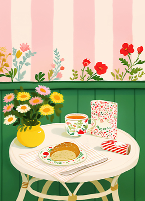 JPG 디자인 꽃 빵 컬러 일러스트 자연 탁자 아침 따뜻함 일상 장식 꽃병 식사 공간 차 맛 아침식사 허브 오브젝트 다과 홈카페 국내일러스트 AI일러스트 AI콘텐츠 주간 식물 음료 음식 가구 컨셉 디저트 라이프 카페 생태계 파일형식