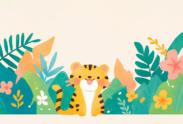 JPG 식물 동물 꽃 컬러 잎 일러스트 자연 생명 미소 장식 초록색 여름 귀여움 정원 들꽃 호랑이 그림 국내일러스트 AI일러스트 AI콘텐츠 계절 컨셉 포유류 표정 생태계 파일형식