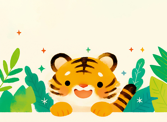 JPG 식물 캐릭터 디자인 행복 컬러 백그라운드 일러스트 장난 자연 웃음 초록색 귀여움 호랑이 숲 호기심 동물그림 디지털아트 국내일러스트 AI일러스트 AI콘텐츠 감정 컨셉 포유류 표정 생태계 파일형식