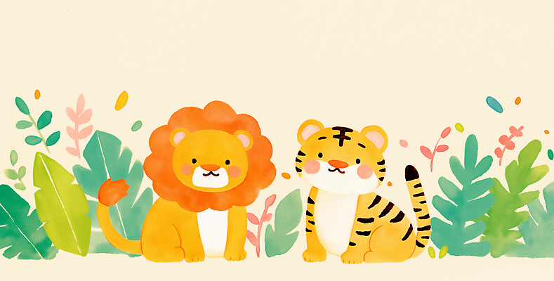 JPG 동물 컬러 동물캐릭터 일러스트 자연 놀이 동화 생물 동물원 초원 친구 호랑이 사자 입체 즐거움 국내일러스트 AI일러스트 AI콘텐츠 캐릭터 감정 포유류 관계 생태계 파일형식