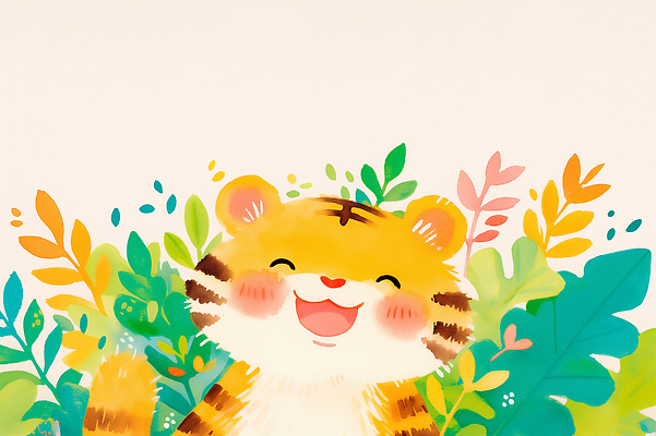 JPG 식물 동물 캐릭터 라이프스타일 디자인 행복 컬러 일러스트 자연 웃음 장식 귀여움 아기 호랑이 숲 즐거움 그림 국내일러스트 AI일러스트 AI콘텐츠 감정 컨셉 포유류 표정 사람 생활 생태계 파일형식