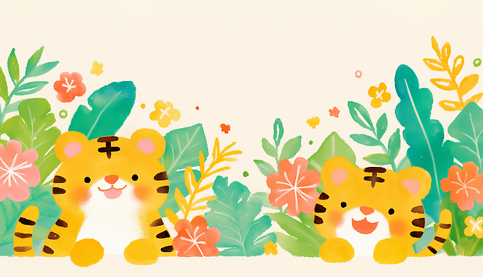 JPG 식물 동물 캐릭터 디자인 꽃 일러스트 자연 놀이 장식 귀여움 붓 호랑이 분위기 열대식물 그림 화사함 조화 색감 국내일러스트 AI일러스트 AI콘텐츠 컨셉 포유류 생태계 파일형식