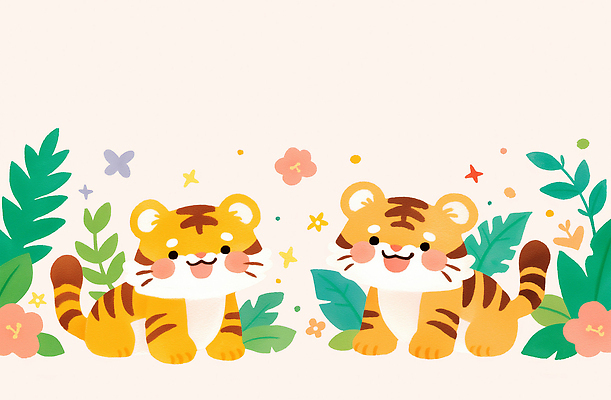 JPG 식물 동물 캐릭터 디자인 꽃 백그라운드 잎 일러스트 자연 놀이 표정 미소 호랑이 즐거움 색감 국내일러스트 AI일러스트 AI콘텐츠 감정 포유류 생태계 파일형식