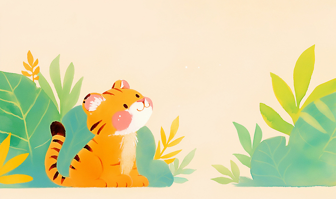 JPG 식물 동물 캐릭터 디자인 컬러 일러스트 자연 동화 털 웃음 귀여움 탐험 호랑이 놀이터 숲 호기심 창의력 국내일러스트 AI일러스트 AI콘텐츠 감정 컨셉 포유류 놀이 표정 생태계 파일형식
