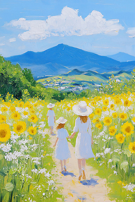 JPG 드레스 행복 길 어린이 꽃밭 일러스트 가족 자연 엄마 해바라기 풍경 초록색 여름 햇빛 산책 만남 추억 그림 뷰티풀 국내일러스트 AI일러스트 AI콘텐츠 옷 계절 꽃 감정 컬러 컨셉 관계 휴식 사람 태양 생태계 파일형식