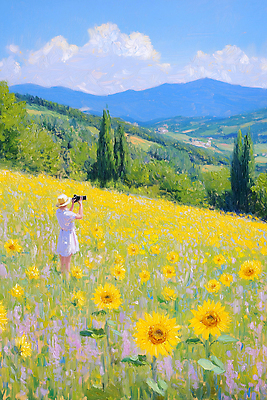 JPG 여자 꽃 여행 밭 일러스트 자연 하늘 해바라기 산 풍경 초록색 여름 햇빛 카메라 촬영 감상 시골 드넓은 뷰티풀 색채 국내일러스트 AI일러스트 AI콘텐츠 식물 계절 컬러 농업 사람 전자제품 태양 생태계 파일형식