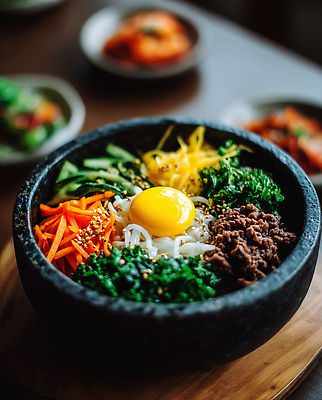 JPG 편집이미지 전통 한식 채소 식탁 한국 건강 육류 요리 식사 맛 비빔밥 노른자 조화 돌솥 편집실사 AI포토 AI콘텐츠 영양군 아시아 음식 컨셉 식재료 탁자 계란 경상북도 CG 파일형식