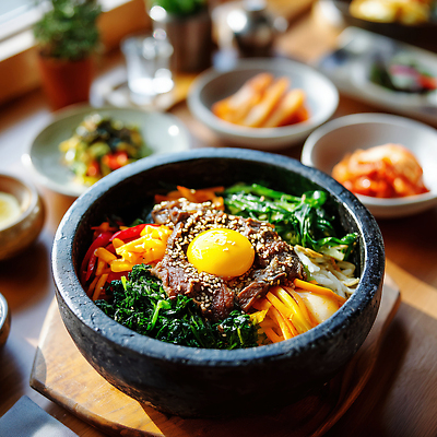 JPG 편집이미지 한식 재료 식탁 반찬 육류 요리 계란 식사 소스 맛 비빔밥 돌솥 건강식 편집실사 AI포토 AI콘텐츠 음식 컨셉 식재료 탁자 알 양념 CG 파일형식