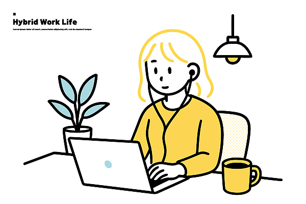 식물 여자 커피 일러스트 주택 일상 생활 컴퓨터 사무실 환경 디지털 헤드셋 업무 작업 편안함 스웨터 집중 재택근무 하이브리드 국내일러스트 AI파일 음료 음향기기 컨셉 상의 비즈니스 사람 건물 라이프 전자제품 헤드폰 감각 파일형식 벡터