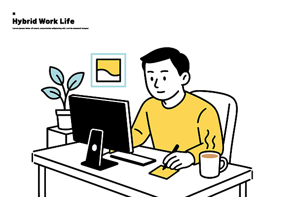 식물 남자 커피 일러스트 기술 일상 생활 컴퓨터 사무실 환경 디지털 작업 편안함 집중 책상 재택근무 하이브리드 국내일러스트 AI파일 음료 가구 컨셉 비즈니스 사람 라이프 전자제품 감각 파일형식 벡터