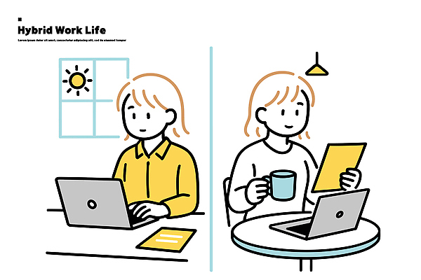 커피 일러스트 모션 휴식 사람 노트북 사무실 환경 디지털 공간 업무 작업 편안함 집중 원격 하이브리드 스타일 국내일러스트 AI파일 음료 컨셉 비즈니스 전자제품 감각 파일형식 벡터