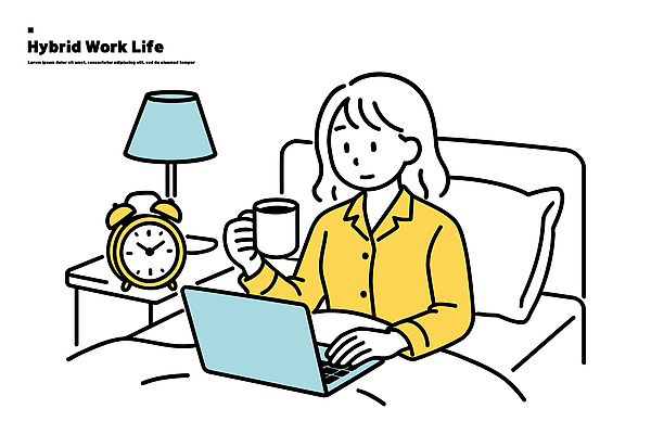 라이프스타일 커피 일러스트 직장 일상 노트북 자명종 침대 램프 업무 작업 사무원 집중 직원 모던 재택근무 시간관리 하이브리드 국내일러스트 AI파일 직업 음료 시계 가구 컨셉 회사 비즈니스 조명 라이프 생활 전자제품 알람 파일형식 벡터