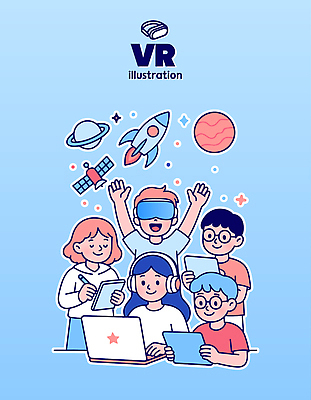 교육 어린이 일러스트 협력 기술 실험 웃음 그래픽 친구 학습 컴퓨터 우주 디지털 탐험 도전 체험 즐거움 혁명 상상력 가상현실 상호작용 국내일러스트 AI파일 감정 컨셉 관계 표정 사람 전자제품 파일형식 벡터