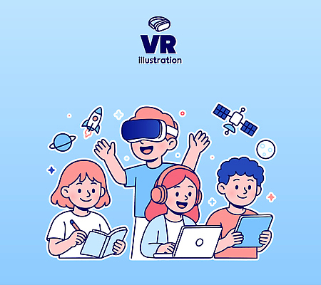 교육 어린이 과학 일러스트 모션 컴퓨터 우주 헤드셋 기계 행성 인공위성 자유 로켓 탐험 게임 체험 즐거움 상상력 흥미 가상현실 국내일러스트 AI파일 감정 음향기기 컨셉 통신 놀이 사람 전자제품 헤드폰 파일형식 벡터