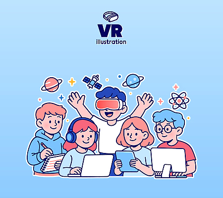 학생 교육 과학 일러스트 협력 기술 실험 학습 컴퓨터 세계 우주 헤드셋 체험 그룹 즐거움 소통 창의력 프로젝트 가상현실 신기술 국내일러스트 AI파일 감정 음향기기 컨셉 전자제품 헤드폰 파일형식 벡터