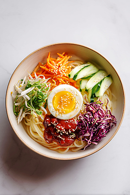 JPG 편집이미지 한식 채소 요리 계란 식사 면류 고추장 아침식사 혼합 건강식 반숙 비빔국수 맛있는 편집실사 AI포토 AI콘텐츠 음식 알 양념 CG 국수 파일형식