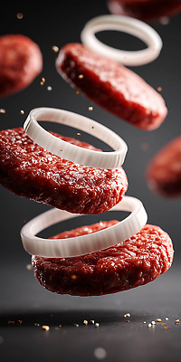 JPG 편집이미지 음식 재료 양파 조명 육류 요리 공중 주방 신선 반지 원형 조화 패티 식욕 편집실사 AI포토 AI콘텐츠 도형 채소 식재료 장신구 CG 파일형식