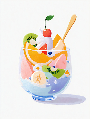 JPG 그릇 분홍색 컬러 조각 과일 일러스트 딸기 아이스크림 디저트 바나나 키위 초록색 여름 주황색 체리 달콤 크림 상큼 먹거리 웨하스 국내일러스트 AI일러스트 AI콘텐츠 식기 계절 음식 쿠키 맛 파일형식