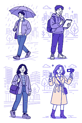 여자 남자 감정 일러스트 우산 모션 청소년 날씨 거리 표정 풍경 친구 걷기 카메라 만남 메모지 도시 비석 해소 스타일 국내일러스트 AI파일 컨셉 관계 사람 전자제품 사무용품 파일형식 벡터