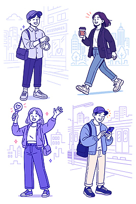 패션 행복 커피 일러스트 모션 거리 대화 미소 여러명 일상 스마트폰 사무실 걷기 표현 도시 즐거움 장면 스타일 국내일러스트 AI파일 감정 음료 다수 비즈니스 표정 말하기 사람 라이프 핸드폰 스마트기기 파일형식 벡터