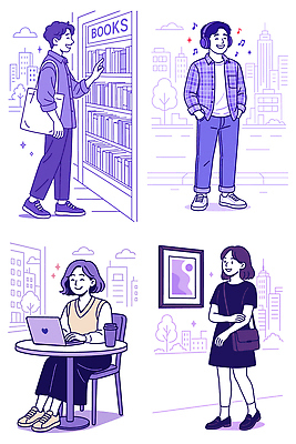 학생 여자 남자 문화 여유 음악 일러스트 일상 책 친구 학습 활발 공간 카페 도시 작업 도서관 의견 소통 관심 국내일러스트 AI파일 교육 감정 컨셉 관계 문화예술 사람 라이프 상점 파일형식 벡터