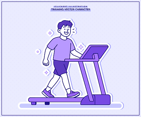 캐릭터 웰빙 남자 다이어트 일러스트 모션 건강 웃음 운동복 운동 걷기 운동기구 헬스 헬스장 시간 연습 모던 트레드밀 국내일러스트 AI파일 옷 표정 사람 런닝머신 파일형식 벡터