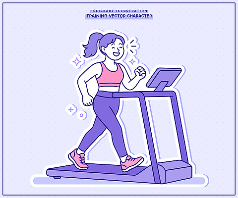 캐릭터 여자 감정 스포츠 다이어트 일러스트 모션 표정 건강 운동 걷기 운동기구 헬스 연습 활기 트레드밀 브이로그 국내일러스트 AI파일 라이프스타일 컨셉 사람 런닝머신 동영상 파일형식 벡터