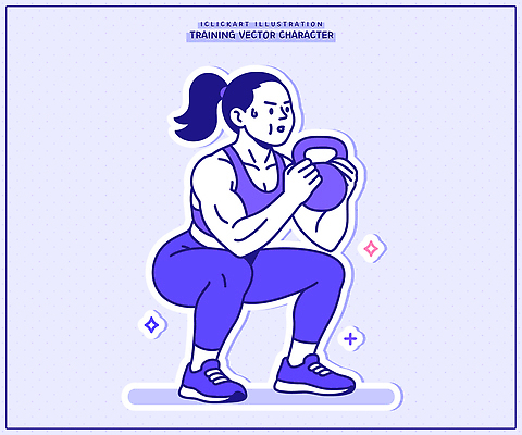 웰빙 여자 스포츠 일러스트 건강 운동복 운동 헬스 집중 연습 체육관 근력 케틀벨 훈련자 스쿼트 국내일러스트 AI파일 옷 컨셉 사람 파일형식 벡터 운동자세