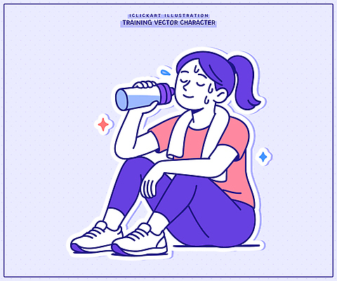 캐릭터 여자 다이어트 일러스트 휴식 건강 운동복 운동 환경 헬스 스트레칭 수분 물병 연습 체육관 습관 청량음료 액티비티 국내일러스트 AI파일 옷 음료 컨셉 사람 물통 파일형식 벡터