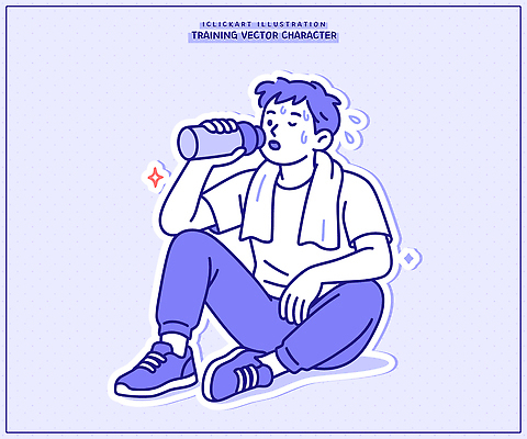 캐릭터 남자 일러스트 휴식 건강 물 운동 저녁 물병 땀 생활습관 수분섭취 스트레스해소 피로회복 국내일러스트 AI파일 자연요소 컨셉 사람 야간 물통 습관 회복 파일형식 벡터