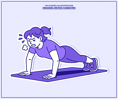 캐릭터 여자 포즈 일러스트 건강 운동복 운동 헬스 힘 매트 몸무게 웨이트트레이닝 팔굽혀펴기 집중 연습 힘듦 국내일러스트 AI파일 옷 컨셉 사람 파일형식 벡터