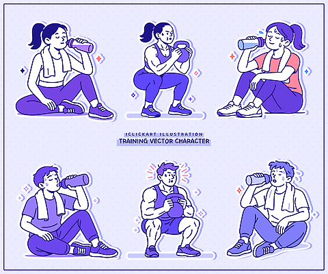 일러스트 근육 휴식 건강 여러명 상반신 운동복 운동 헬스 다양 하반신 물병 연습 체육관 국내일러스트 AI파일 옷 다수 컨셉 사람 물통 파일형식 벡터
